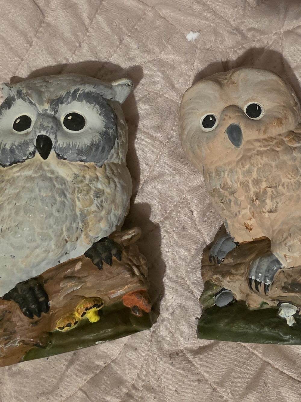 Vintage Pair of Ceramic Owl Figurines in Cream and Gray
